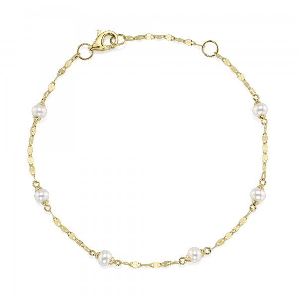 14K YELLOW GOLD PEARL SPARKLE CHAIN BRACELET