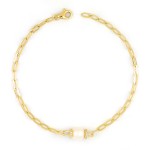 14K YELLOW GOLD .07CTW DIAMOND AND CULTURED PEARL PAPER CLIP BRACELET
