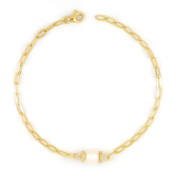 14K YELLOW GOLD .07CTW DIAMOND AND CULTURED PEARL PAPER CLIP BRACELET
