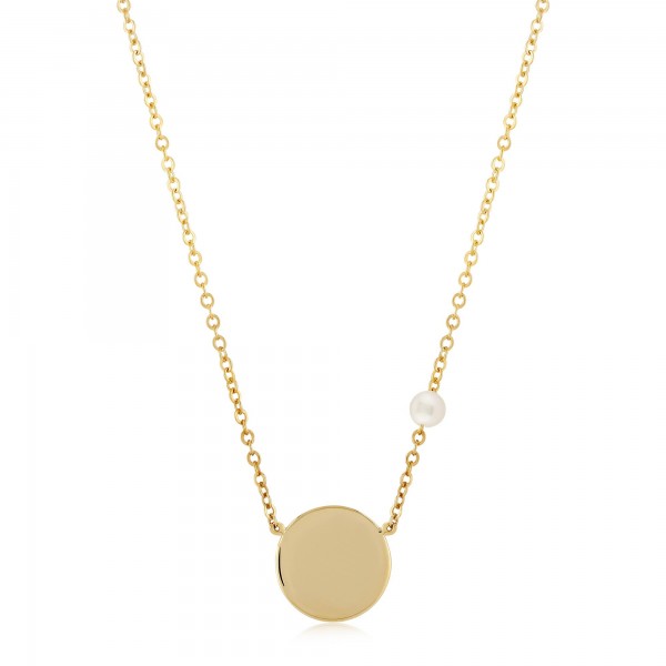 14K YELLOW GOLD ROUND DISC WITH ADJUSTABLE CLASP AND PEARL ACCENT