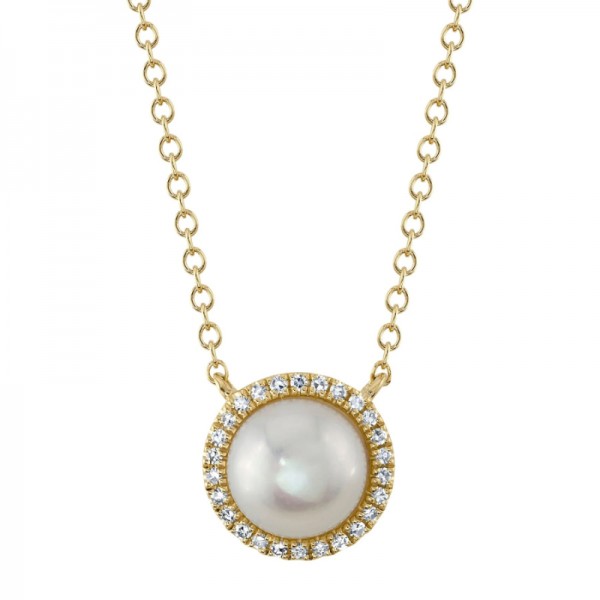 14K YELLOW GOLD DIAMOND CULTURED PEARL PENDANT .08CTW