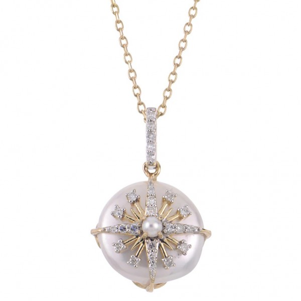 14K YELLOW GOLD DIAMOND AND COIN PEARL NECKLACE