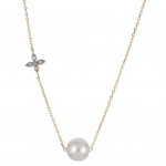 14K YELLOW GOLD 4 PETAL FLOWER DIAMOND & FRESHWATER PEARL NECKLACE