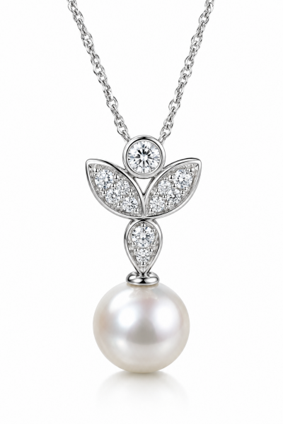 18K WHITE GOLD DIAMOND & PEARL FLORAL NECKLACE