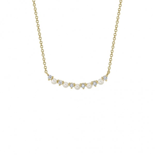 14K YELLOW GOLD DIAMOND AND CULTURED PEARL BAR NECKLACE