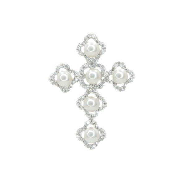 14K WHITE GOLD DIAMOND & PEARL CROSS