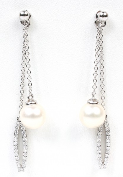 18K WHITE GOLD DIAMOND & PEARL DANGLE EARRINGS