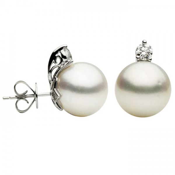 14K WHITE GOLD DIAMOND & SOUTH SEA PEARL STUD EARRINGS