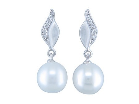 14K WHITE GOLD DIAMOND AND PEARL DANGLE EARRINGS