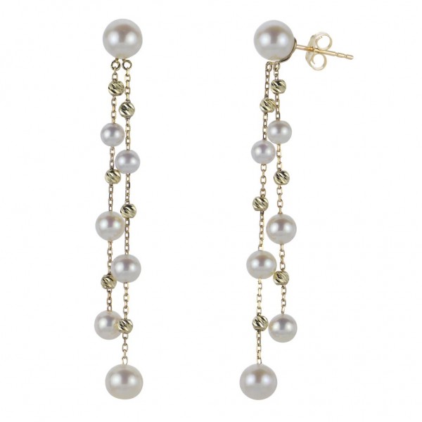 14K YELLOW GOLD FRESHWATER PEARL BEAD EARRINGS WITH A DOUBLE DROP