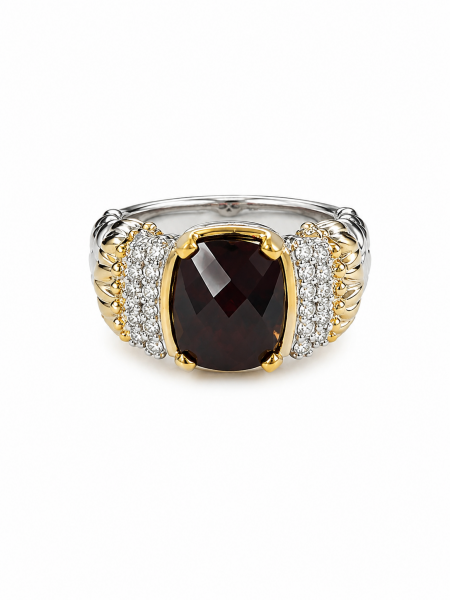 STERLING SILVER & 14K DIAMOND & GARNET RING