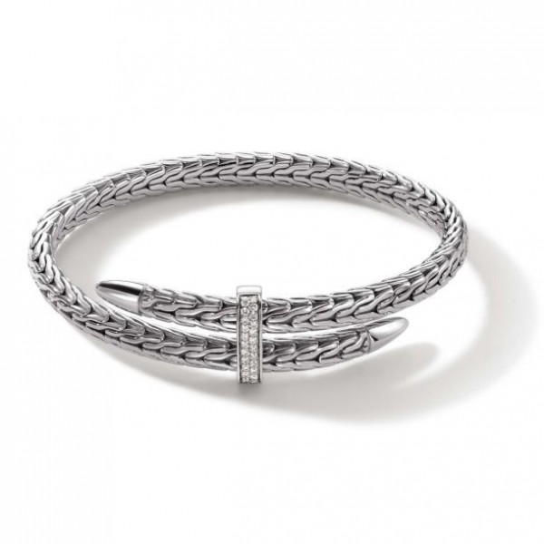 JOHN HARDY SILVER SPEAR DIAMOND PAVE BYPASS FLEXIBLE CUFF BRACELET