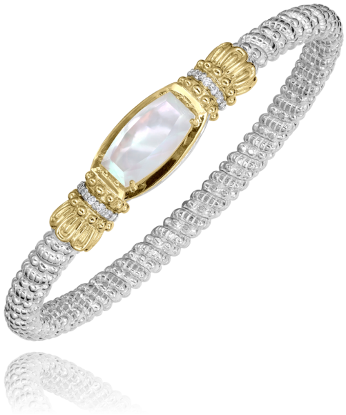 VAHAN STERLING SILVER & 14K 4MM MOTHER OF PEARL AND DIAMOND CLOSED BARREL BRACELET