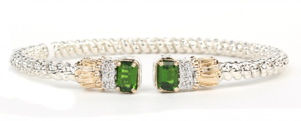 VAHAN STERLING SILVER AND 14K  DIAMOND AND CHROME DIOPSIDE 3MM OPEN BRACELET