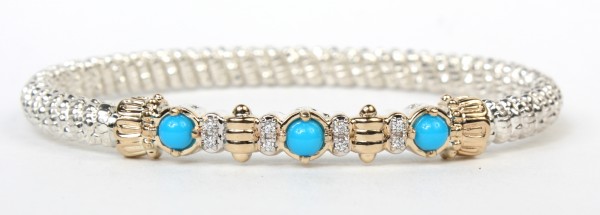 VAHAN STERLING SILVER AND 14K 4MM TURQUOISE AND DIAMOND CLOSED BRACELET