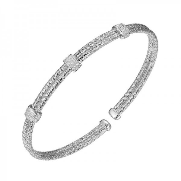 STERLING SILVER 2MM DOUBLE MESH CUFF BRACELET WITH CZ'S