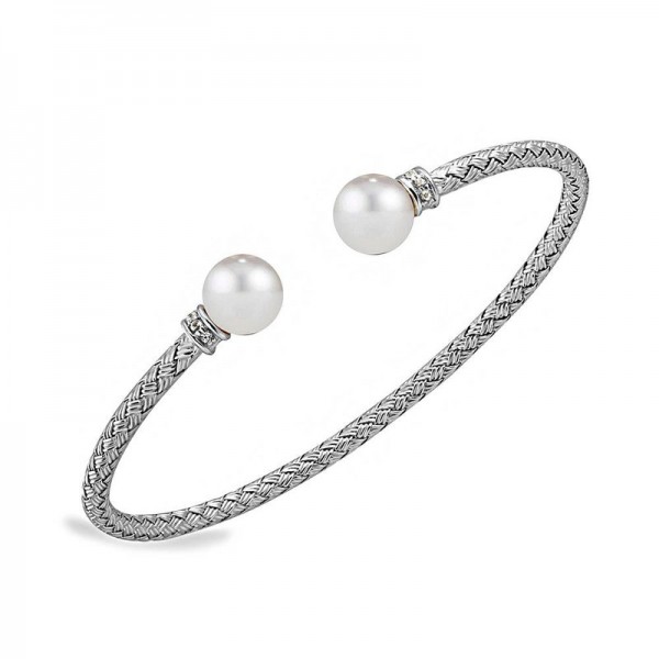 STERLING SILVER 3MM MESH CUFF FRESHWATER PEARL BRACELET