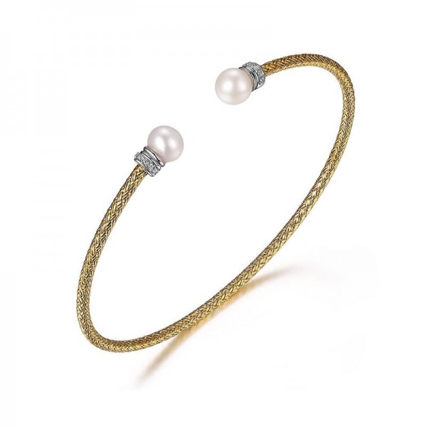 STERLING SILVER GOLD PLATED 2MM CUFF FRESHWATER PEARL BRACELET WITH CZ'S