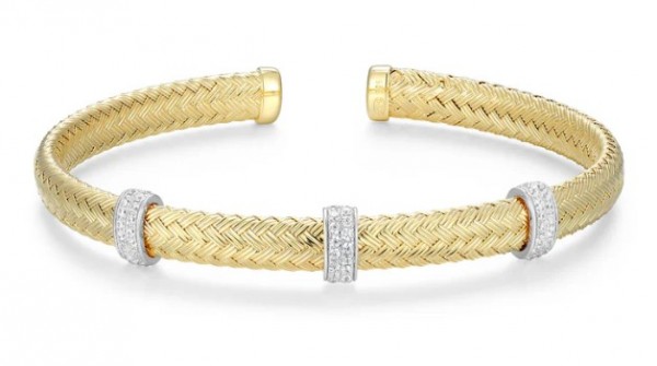 STERLING SILVER GOLD PLATED CUFF BRACELET WITH CZ STATIONS