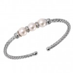 STERLING SILVER 3MM FRESH WATER PEARL AND CZ CUFF BRACELET