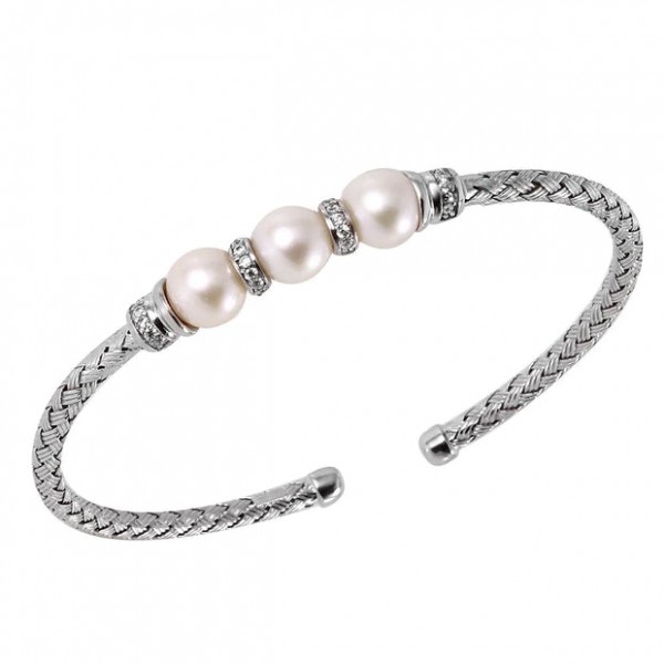 STERLING SILVER 3MM FRESH WATER PEARL AND CZ CUFF BRACELET