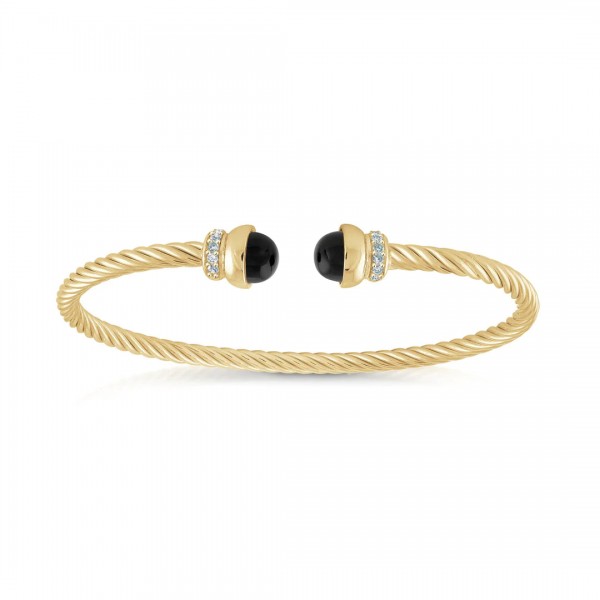 GOLD VERMEIL BLACK ONYX CUBIC ZIRCONIA TWIST CABLE CUFF BRACELET
