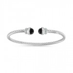 STERLING SILVER & RHODIUM BLACK ONYX TWIST CABLE CUFF BANGLE WITH CUBIC ZIRCONIA