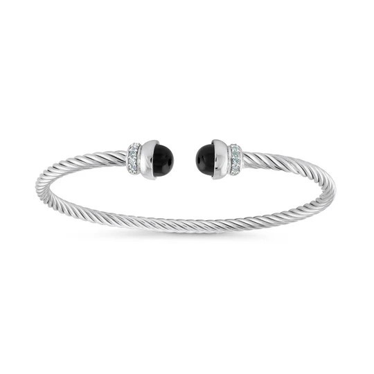 STERLING SILVER & RHODIUM BLACK ONYX TWIST CABLE CUFF BANGLE WITH CUBIC ZIRCONIA