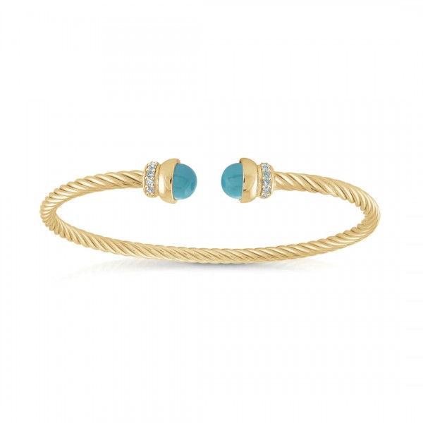 GOLD VERMEIL TURQUOISE TWIST CABLE CUFF BANGLE WITH CUBIC ZIRCONIA