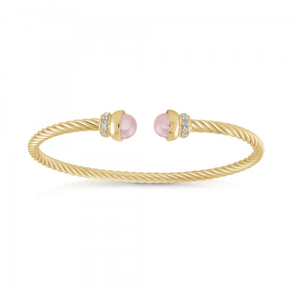 GOLD VERMEIL ROSE QUARTZ TWIST CABLE CUFF BANGLE WITH CUBIC ZIRCONIA