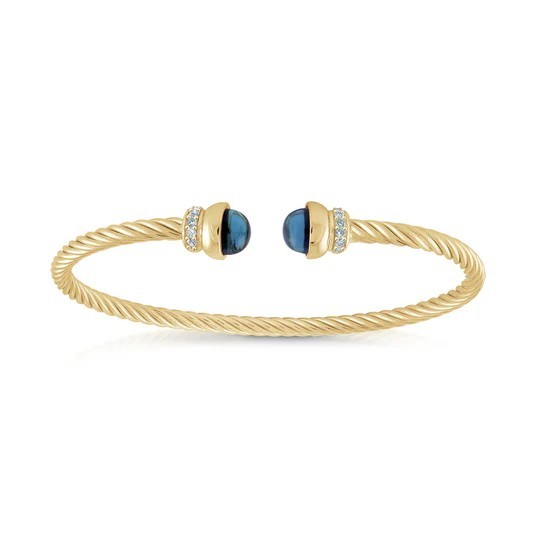 GOLD VERMEIL BLUE TOPAZ TWIST CABLE CUFF BRACELET WITH CUBIC ZIRCONIA