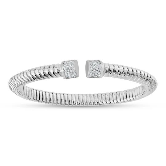 STERLING SILVER RHODIUM PLATE GROVED CUBIC ZIRCONIA BANGLE