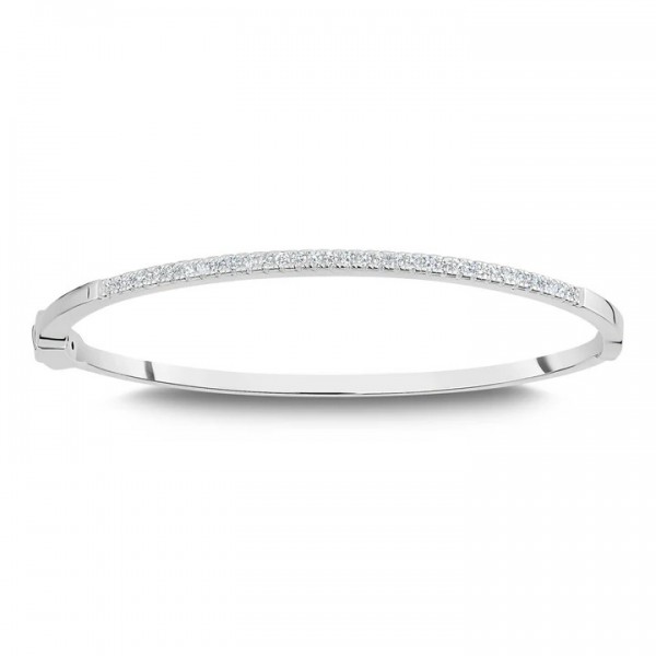 STERLING SILVER & RHODIUM CUBIC ZIRCONIA HALF PAVE BANGLE BRACELET
