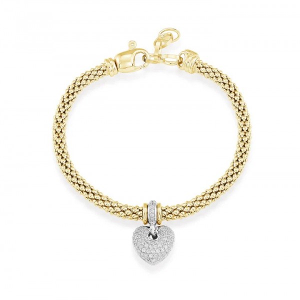 STERLING SILVER & VERMEIL PUFFED PAVE HEART BRACELET WITH CUBIC ZIRCONIA