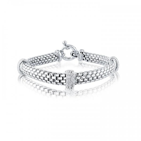 STERLING SILVER & RHODIUM ORO LINK CUBIC ZIRCONIA STATION BRACELET