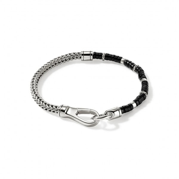 JOHN HARDY MENS STERLING SILVER AND HEISHI TREATED BLACK ONYX BRACELET