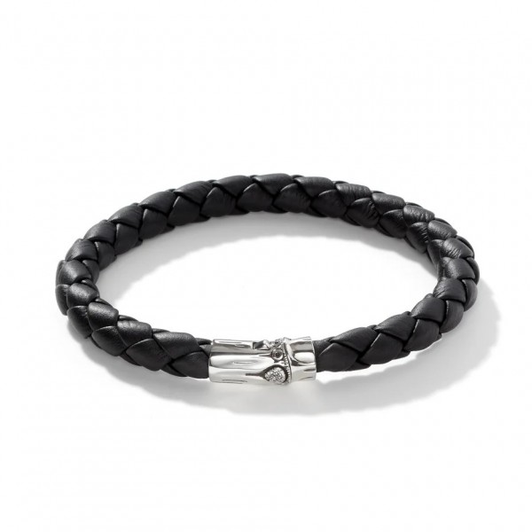 JOHN HARDY STERLING SILVER MEN'S BLACK WOVEN LEATHER BRACELET