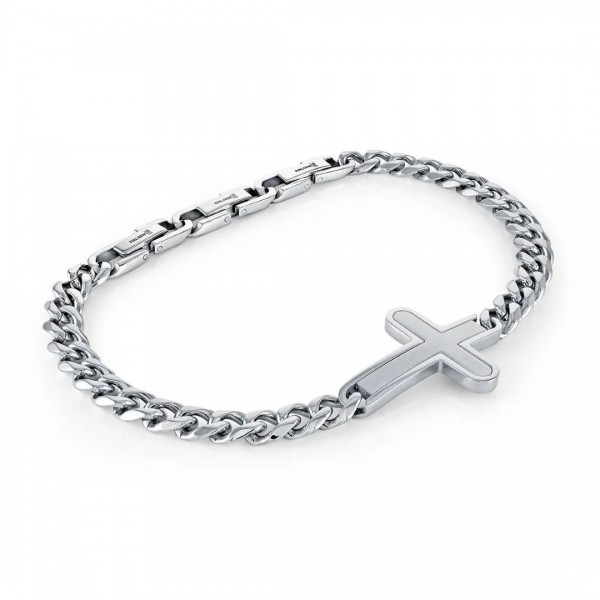 STAINLESS STEEL 6.5MM BRUSHED CURB ADJUSTABLE CROSS BRACELET