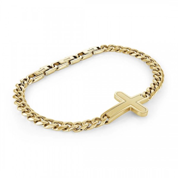 STAINLESS STEEL GOLD PLATED ADJUSTABLE CURB BRACELET WITH CROSS