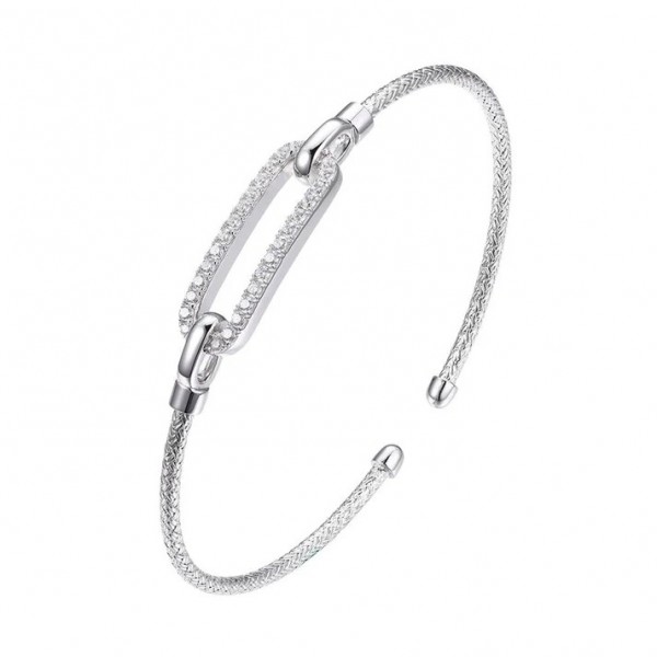 STERLING SILVER 2MM MESH CUFF BRACELET WITH CUBIC ZIRCONIA'S