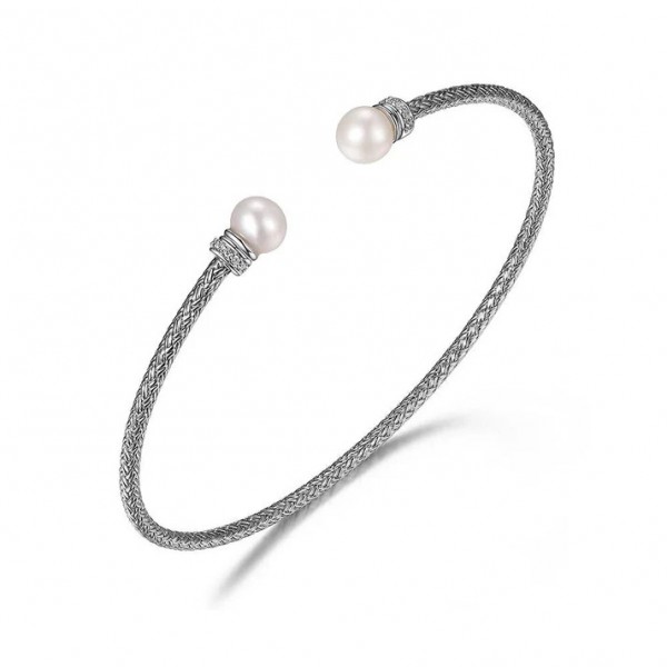 STERLING SILVER PEARL & CUBIC ZIRCONIA 2MM CUFF BRACELET
