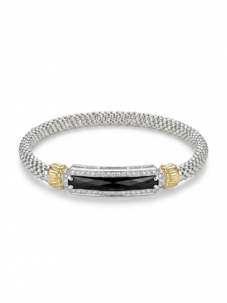 STERLING SILVER & 14K YELLOW GOLD DIAMOND BLACK ONYX 4MM BRACELET