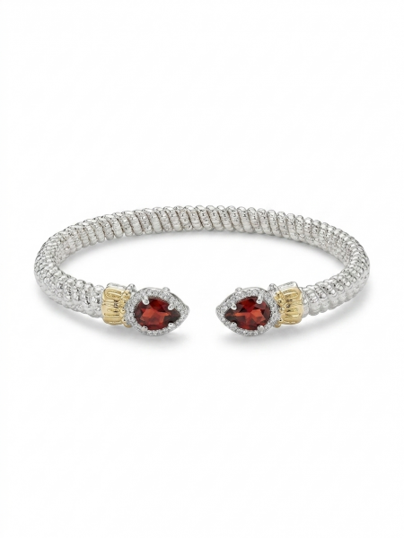 STERLING SILVER & 14K YELLOW GOLD 4MM DIAMOND & GARNET OPEN BRACELET