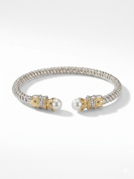 STERLING SILVER & 14K YELLOW GOLD DIAMOND & PEARL OPEN BRACELET