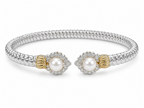 STERLING SILVER & 14K YELLOW GOLD DIAMOND & WHITE PEARL BRACELET