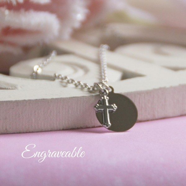 STAINLESS STEEL CHILD NECKLACE WITH DISC AND TINY CROSS