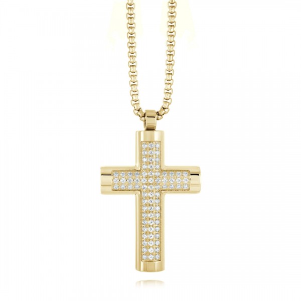 GOLD PLATED STEEL POLISHED CUBIC ZIRCONIA CROSS NECKLACE