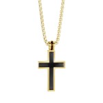 GOLD PLATED STAINLESS STEEL BLACK CENTER BRUSHED CROSS NECKLACE