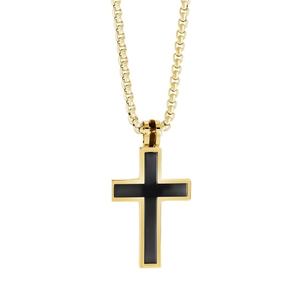 GOLD PLATED STAINLESS STEEL BLACK CENTER BRUSHED CROSS NECKLACE