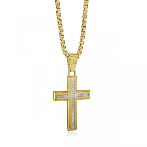GOLD PLATED STAINLESS STEEL WHITE CZ CROSS NECKLACE